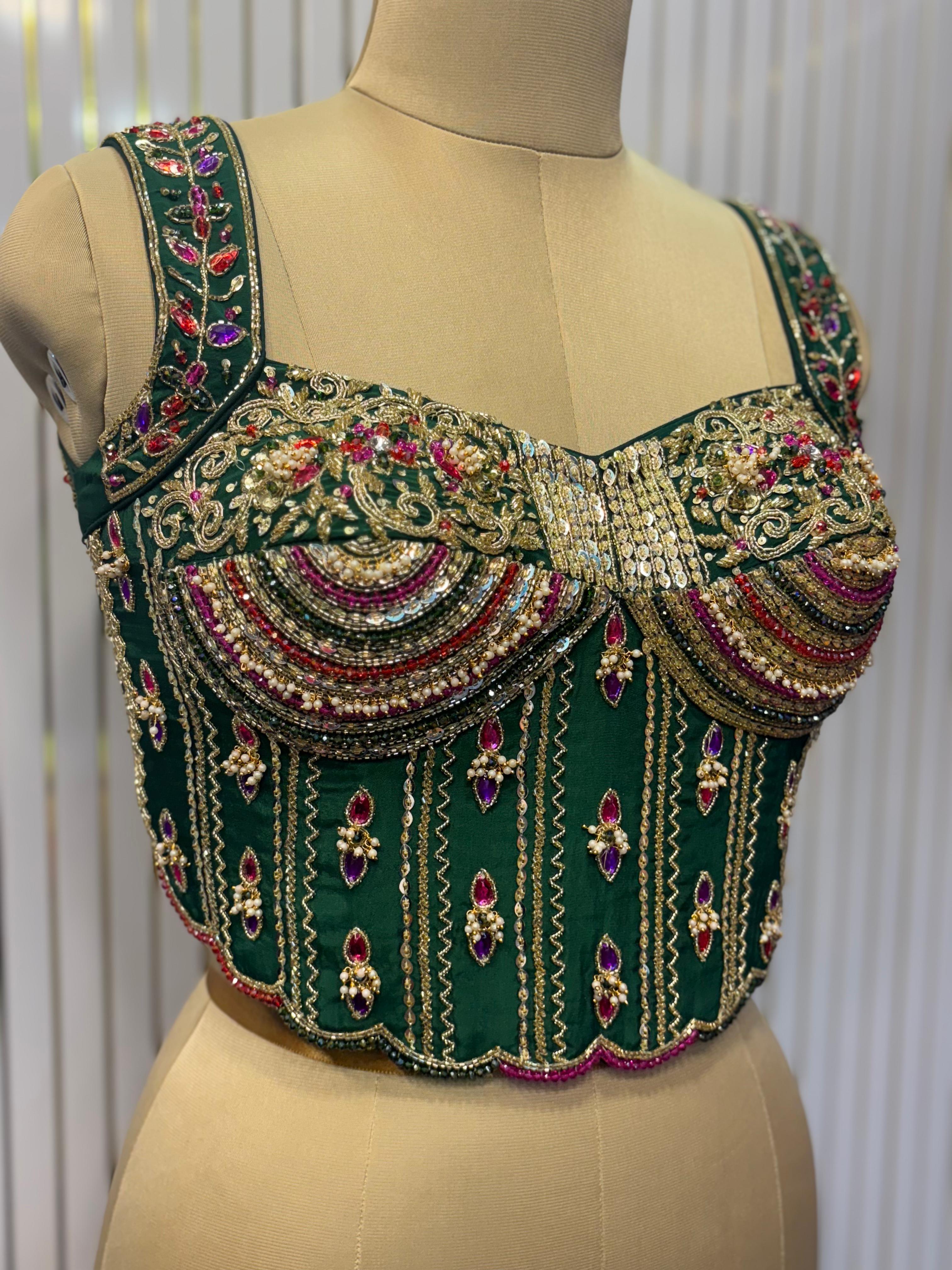 Emerald Empress Hand-Embroidered Bustier Blouse