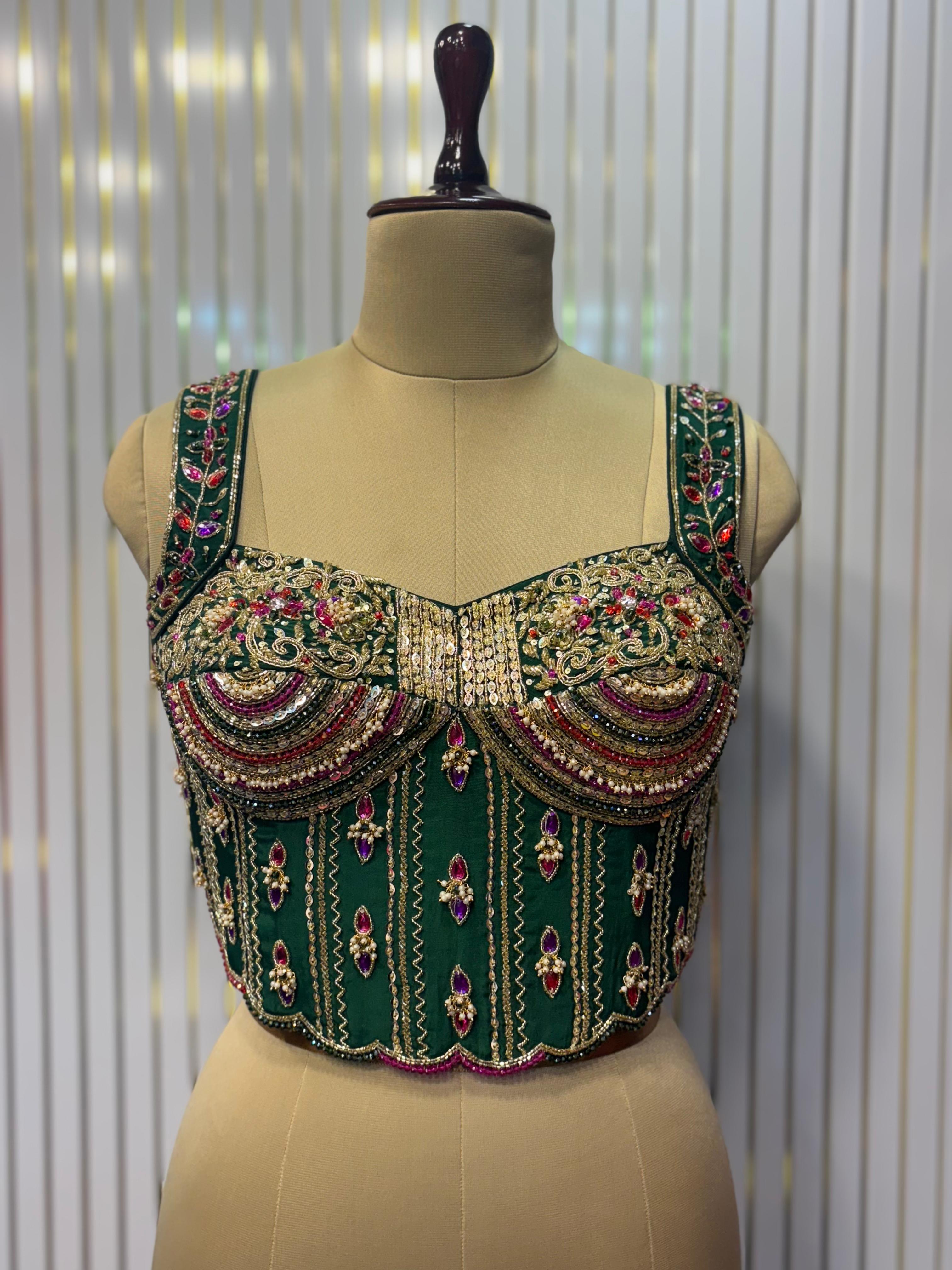 Emerald Empress Hand-Embroidered Bustier Blouse
