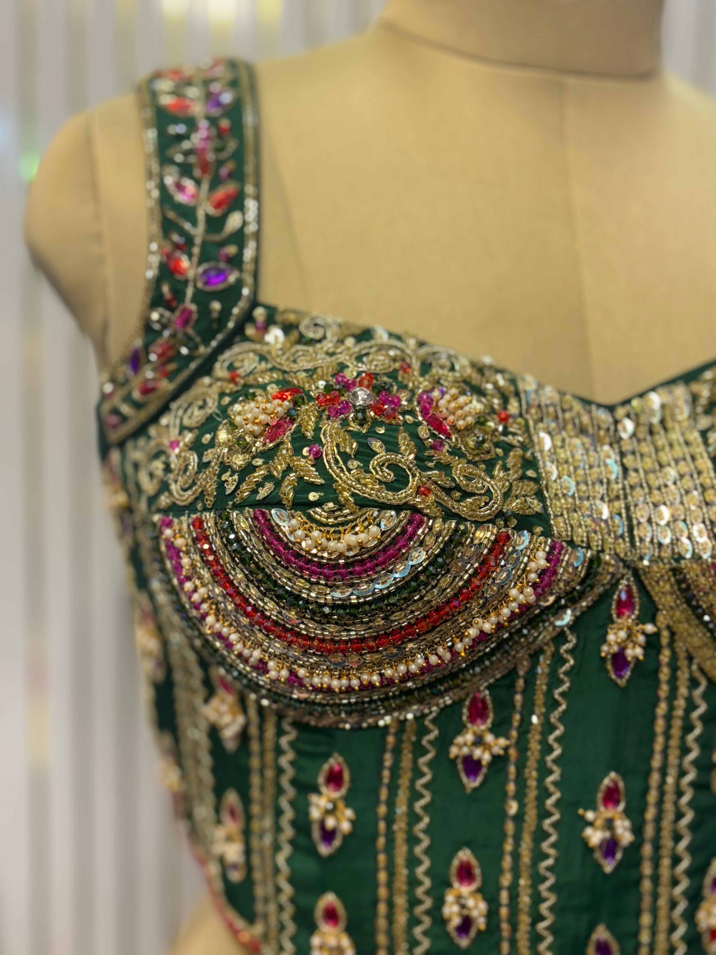 Emerald Empress Hand-Embroidered Bustier Blouse