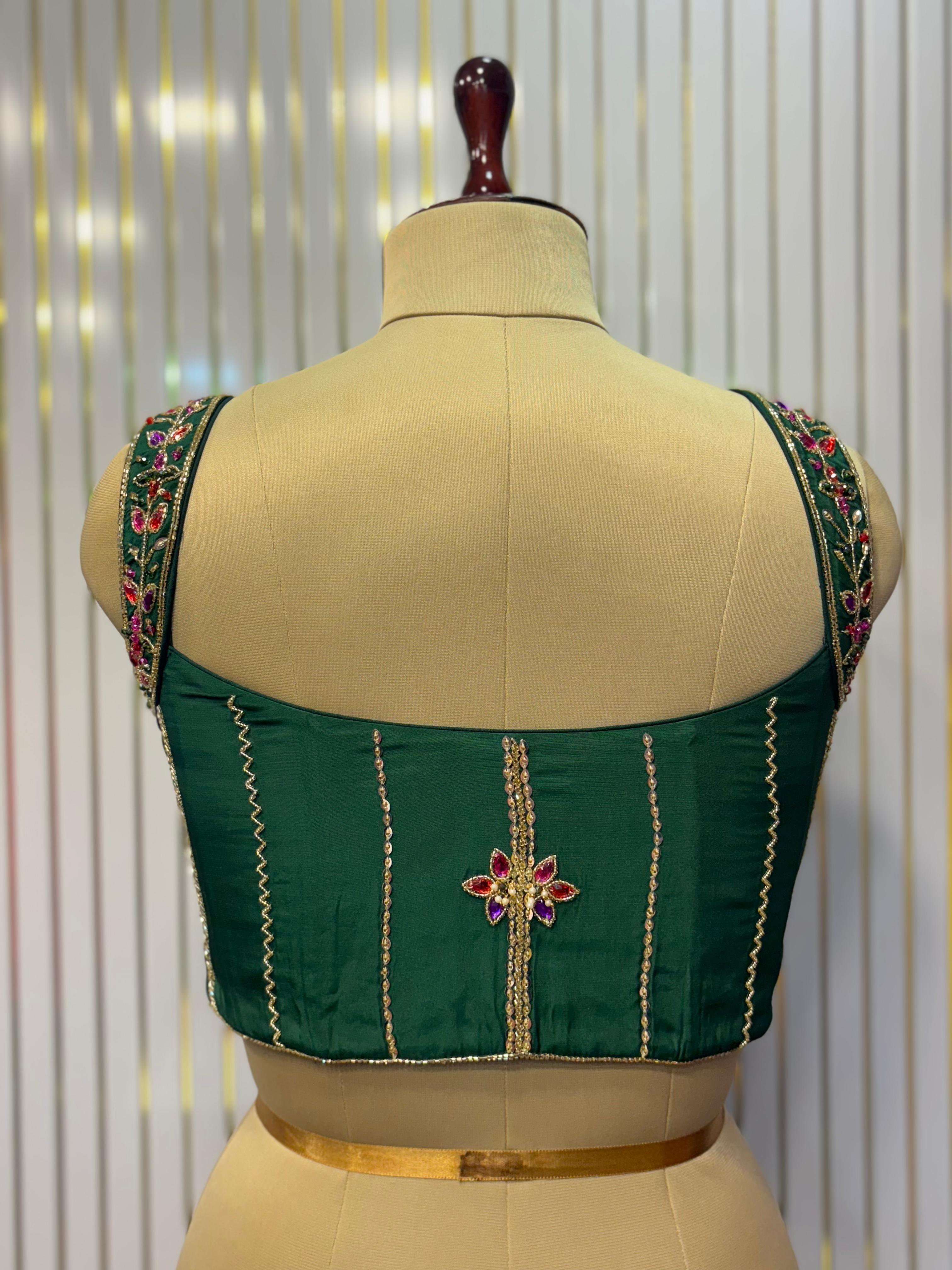 Emerald Empress Hand-Embroidered Bustier Blouse