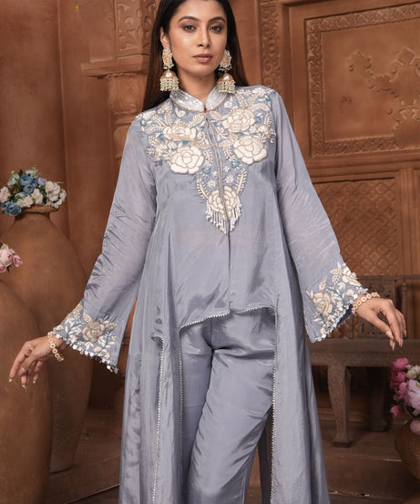 The 'Neelam' Embroidered Silk Co-ord Set with High-Low Overlay
