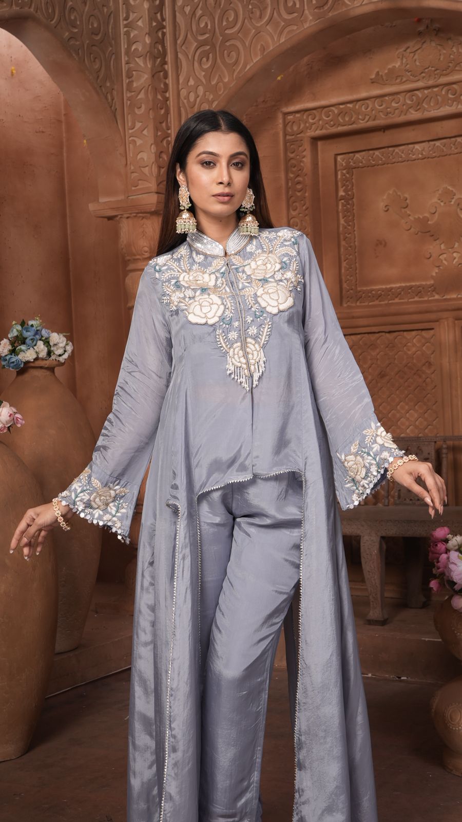 The 'Neelam' Embroidered Silk Co-ord Set with High-Low Overlay