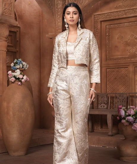 The 'Noor' Brocade Crop Top, Flared Trousers, and Blazer Set