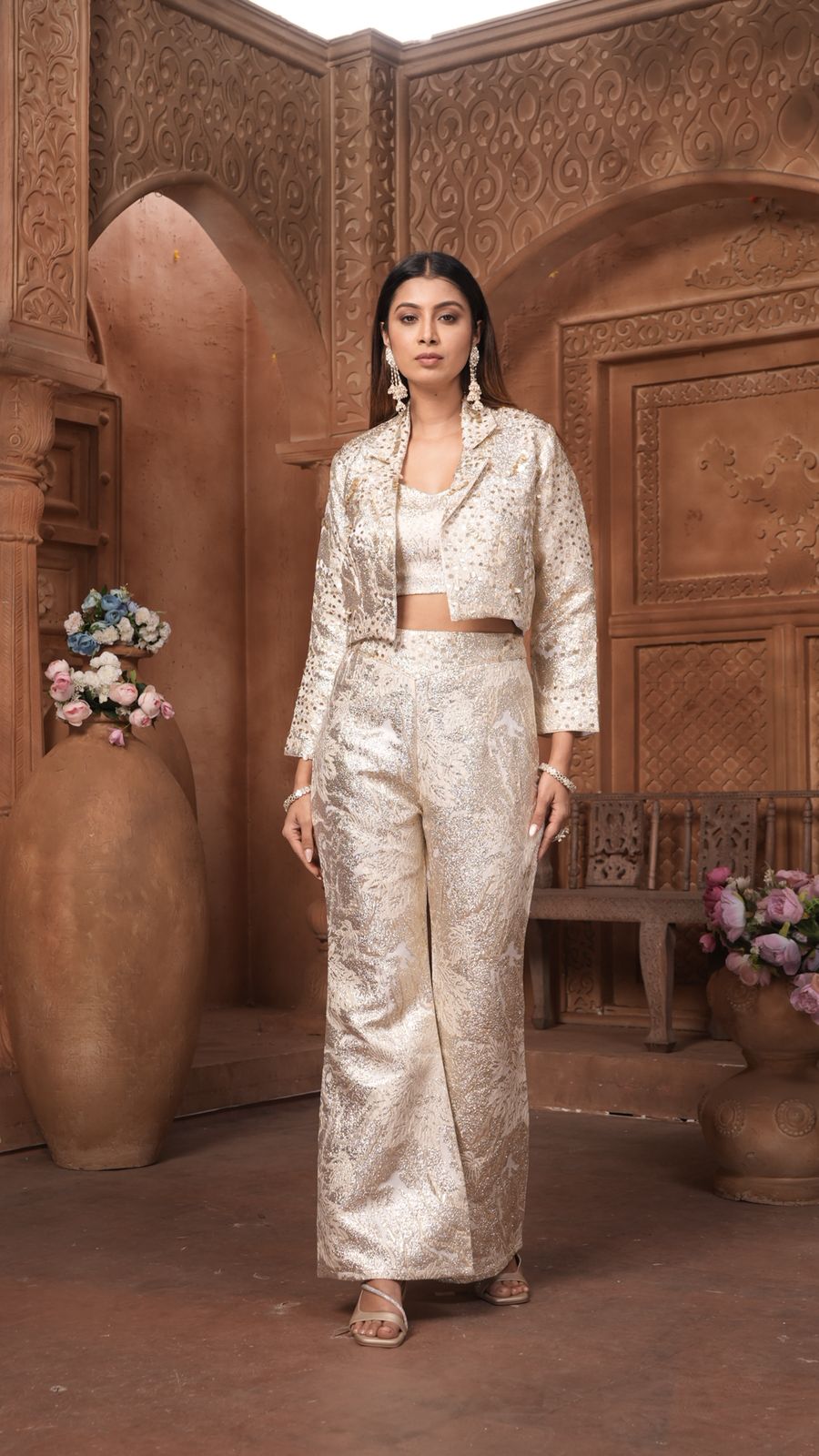 The 'Noor' Brocade Crop Top, Flared Trousers, and Blazer Set