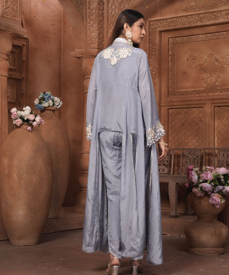 The 'Neelam' Embroidered Silk Co-ord Set with High-Low Overlay