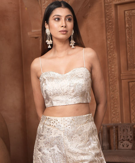 The 'Noor' Brocade Crop Top, Flared Trousers, and Blazer Set