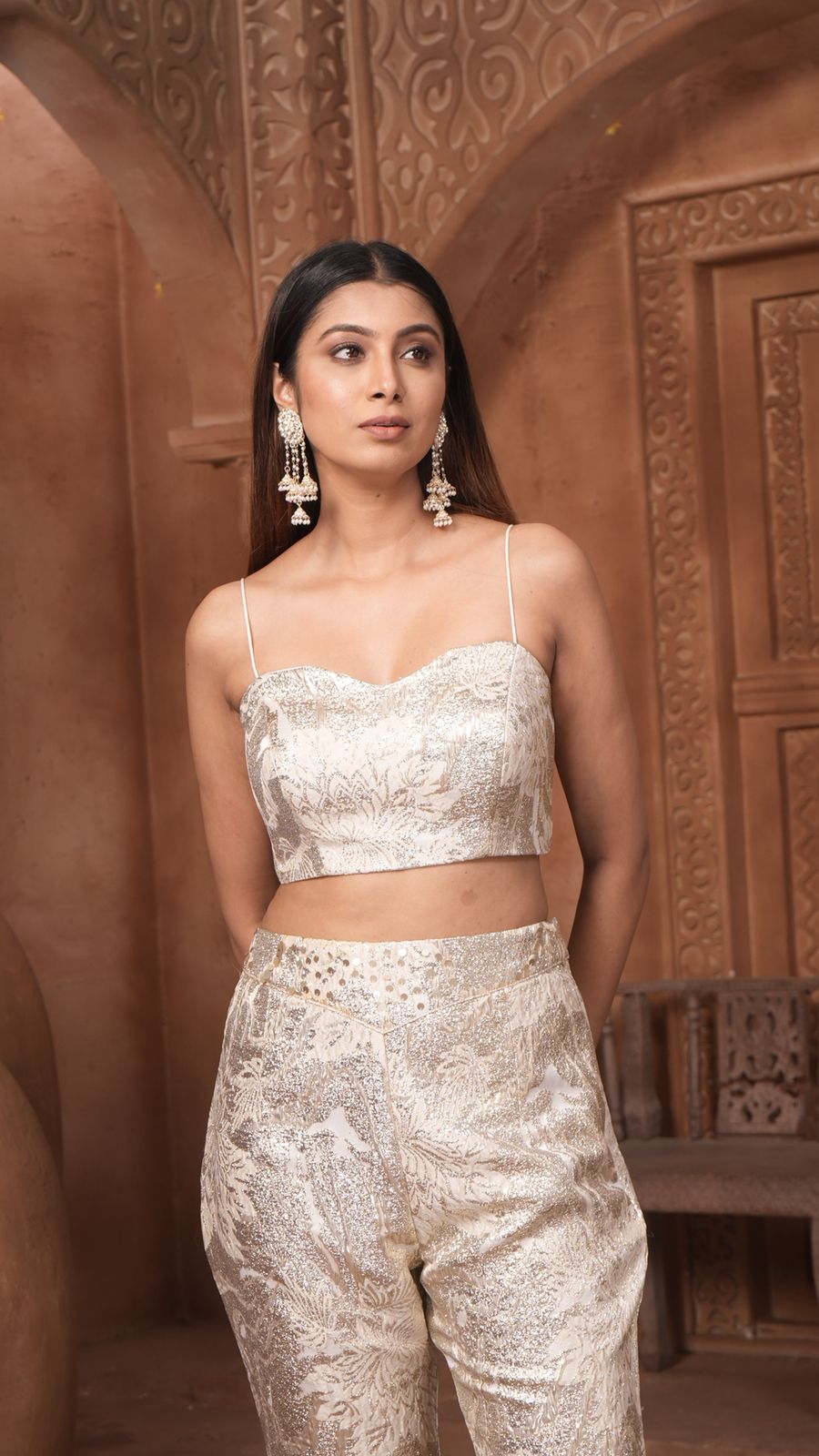 The 'Noor' Brocade Crop Top, Flared Trousers, and Blazer Set