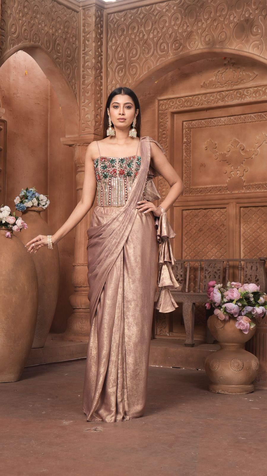 The Rose Gold Shimmer Saree Gown