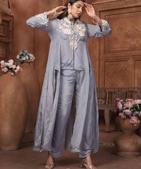 The 'Neelam' Embroidered Silk Co-ord Set with High-Low Overlay