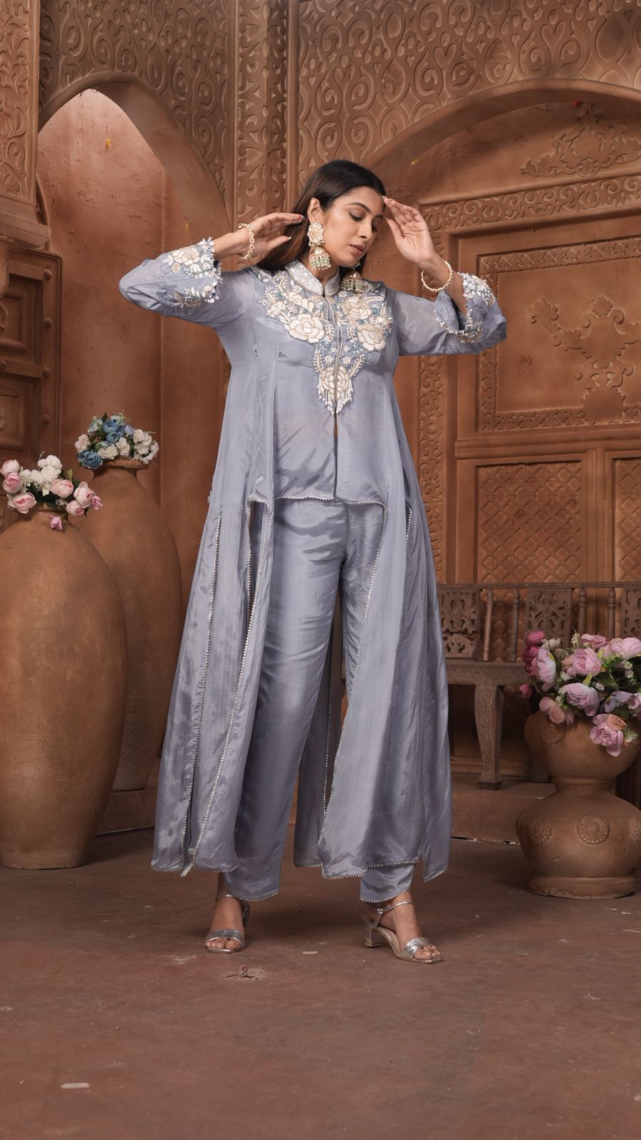 The 'Neelam' Embroidered Silk Co-ord Set with High-Low Overlay