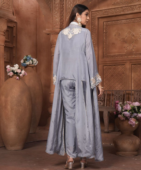 The 'Neelam' Embroidered Silk Co-ord Set with High-Low Overlay