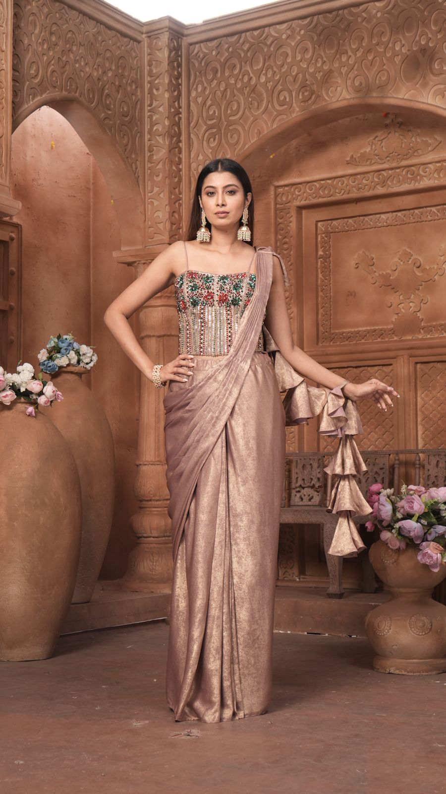 The Rose Gold Shimmer Saree Gown