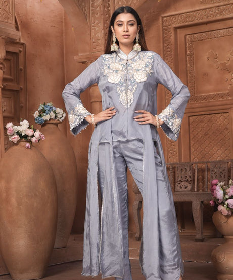 The 'Neelam' Embroidered Silk Co-ord Set with High-Low Overlay