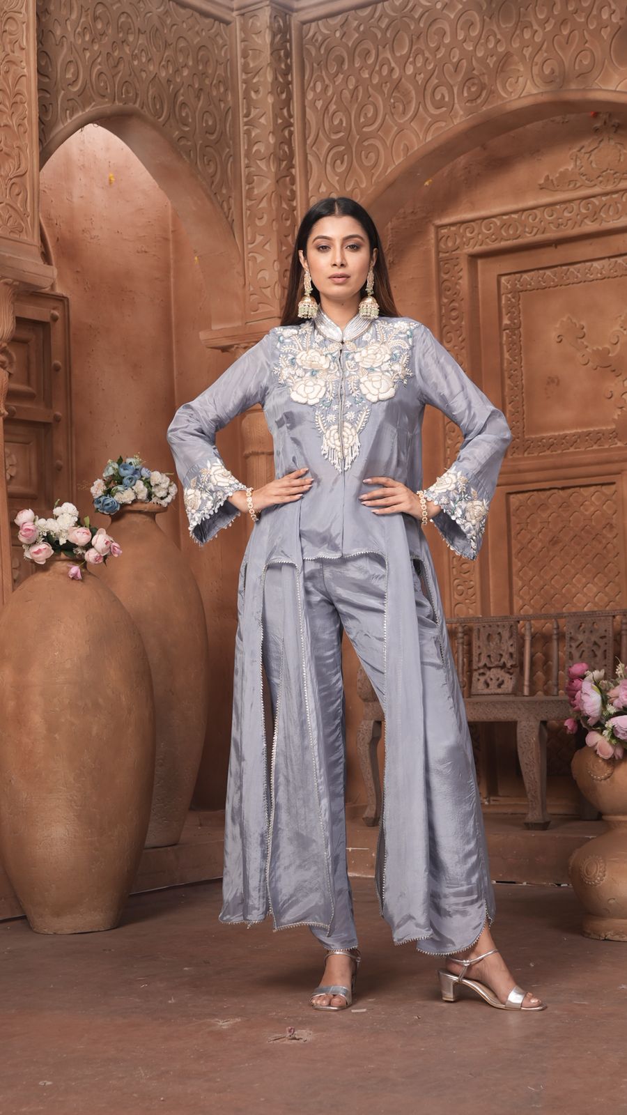 The 'Neelam' Embroidered Silk Co-ord Set with High-Low Overlay