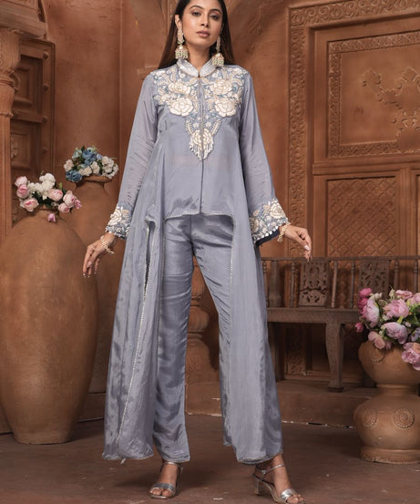 The 'Neelam' Embroidered Silk Co-ord Set with High-Low Overlay