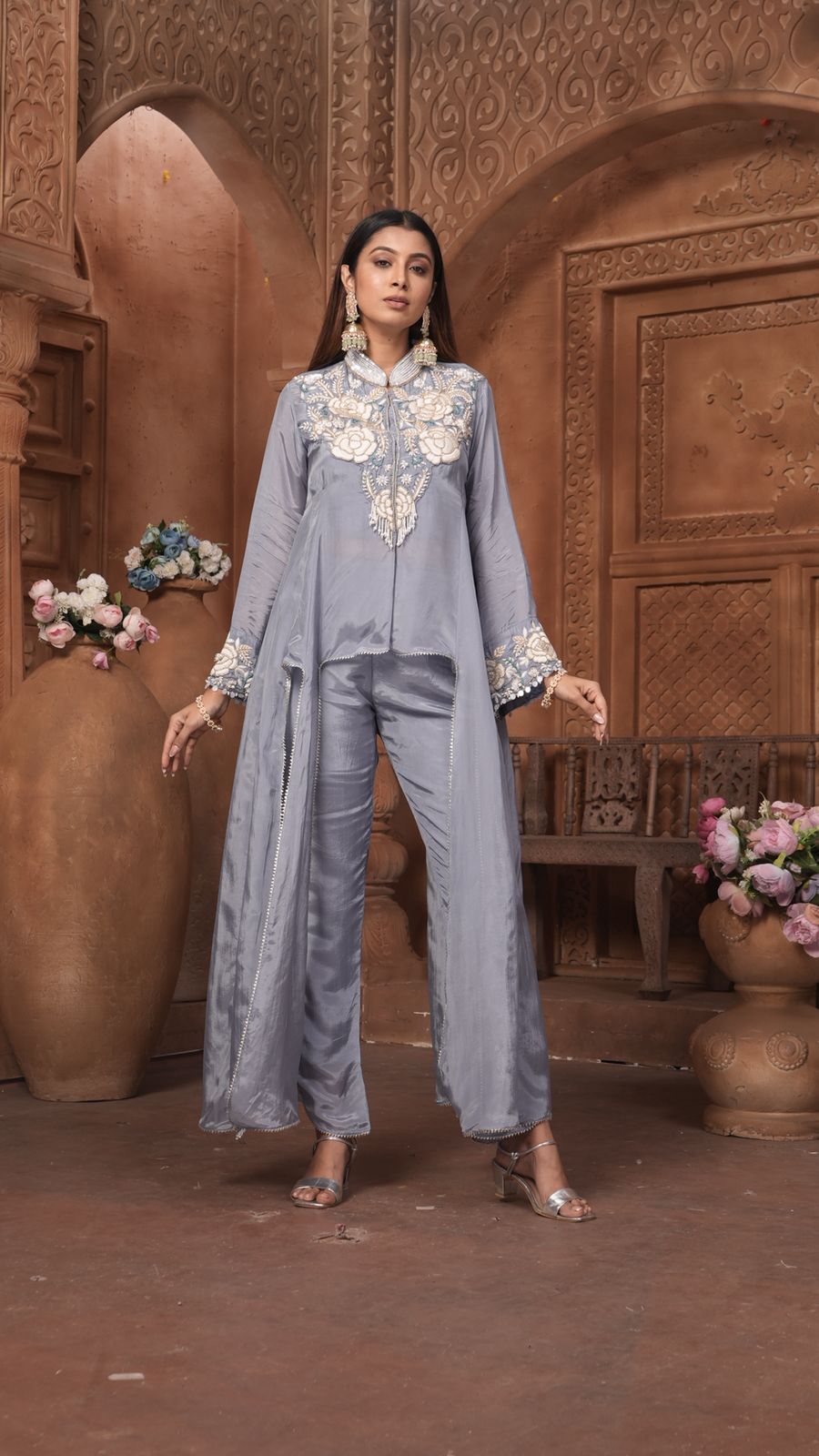 The 'Neelam' Embroidered Silk Co-ord Set with High-Low Overlay