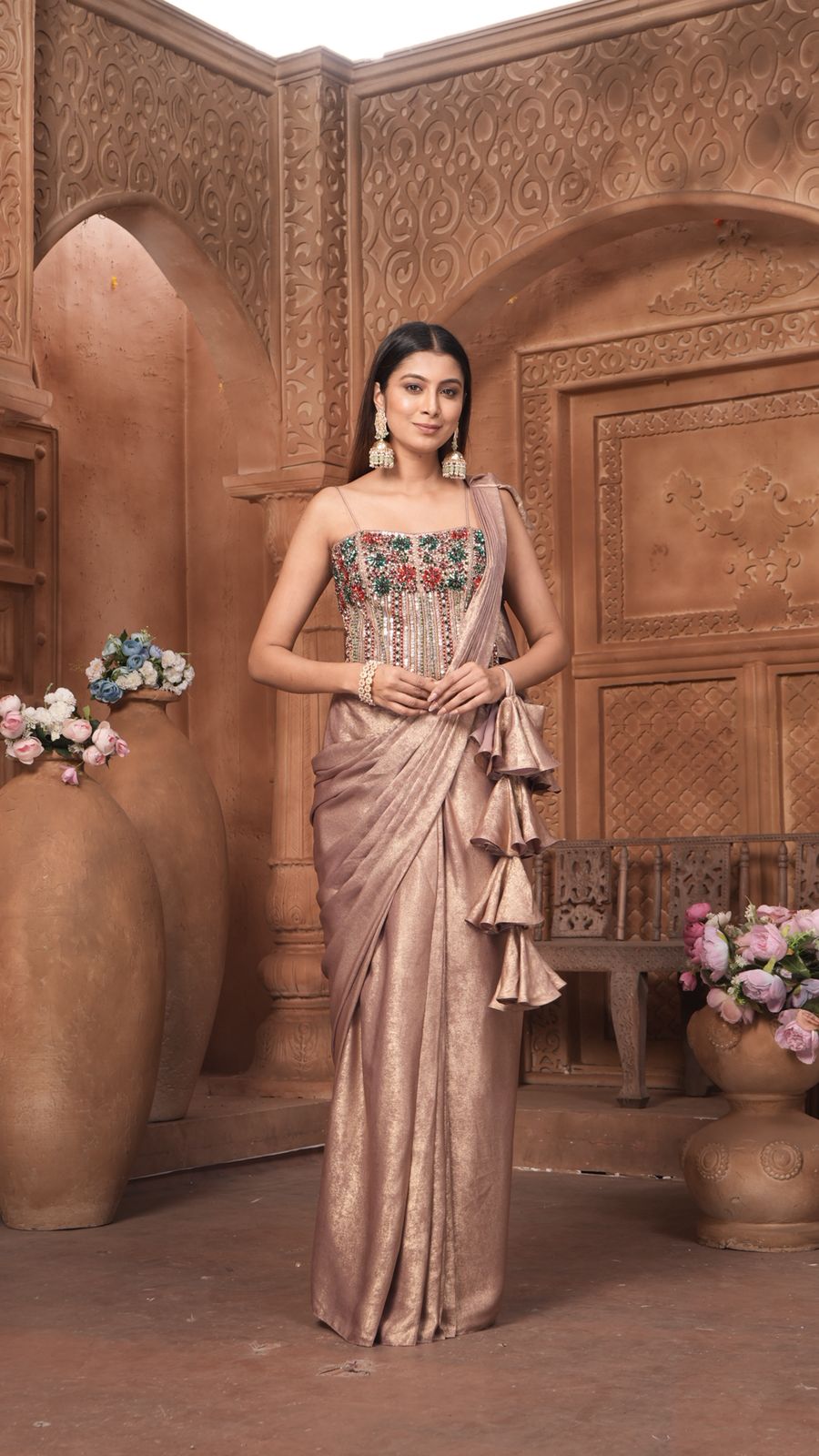 The Rose Gold Shimmer Saree Gown
