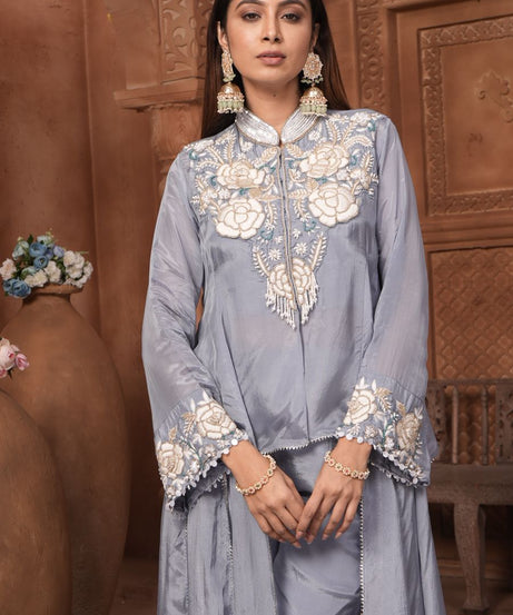 The 'Neelam' Embroidered Silk Co-ord Set with High-Low Overlay