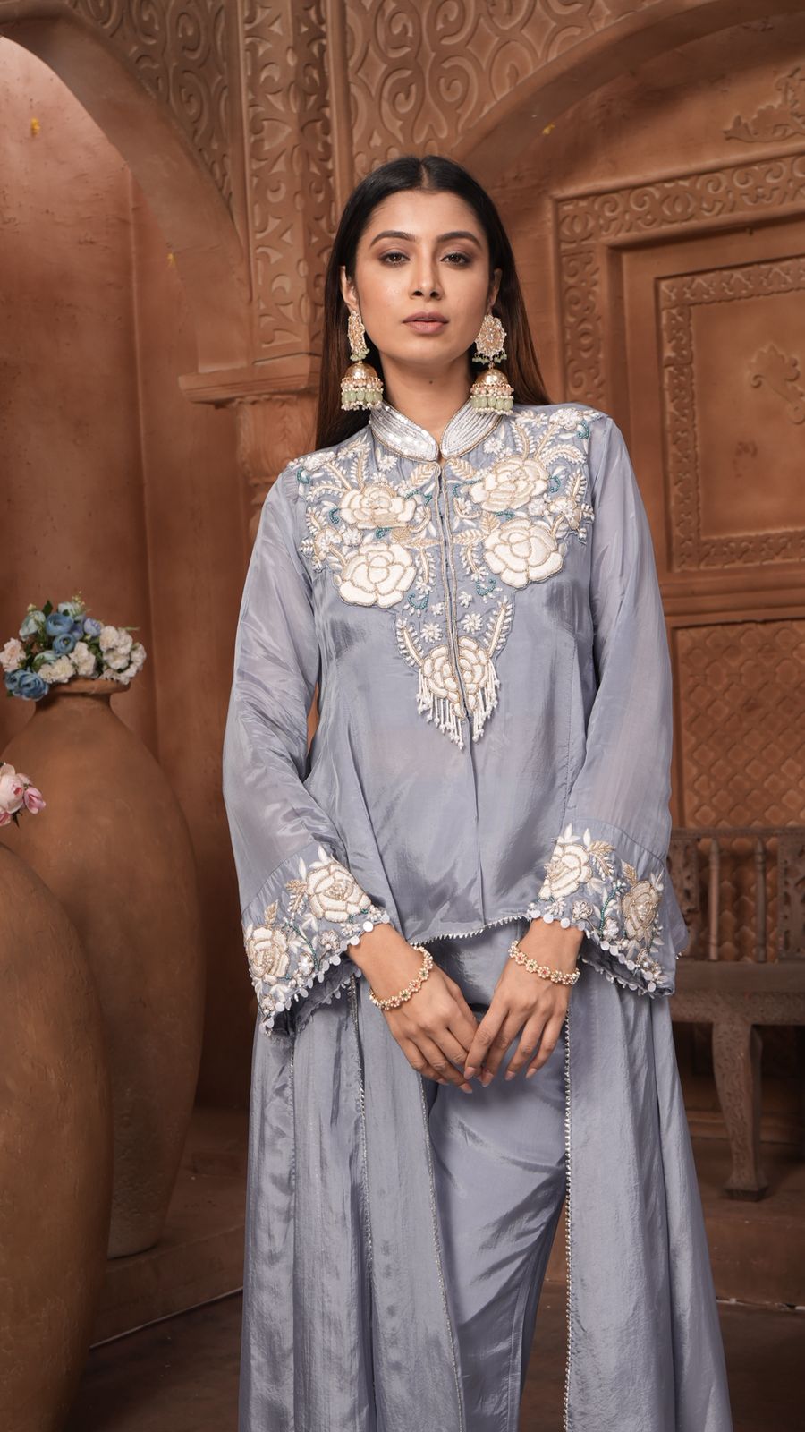 The 'Neelam' Embroidered Silk Co-ord Set with High-Low Overlay