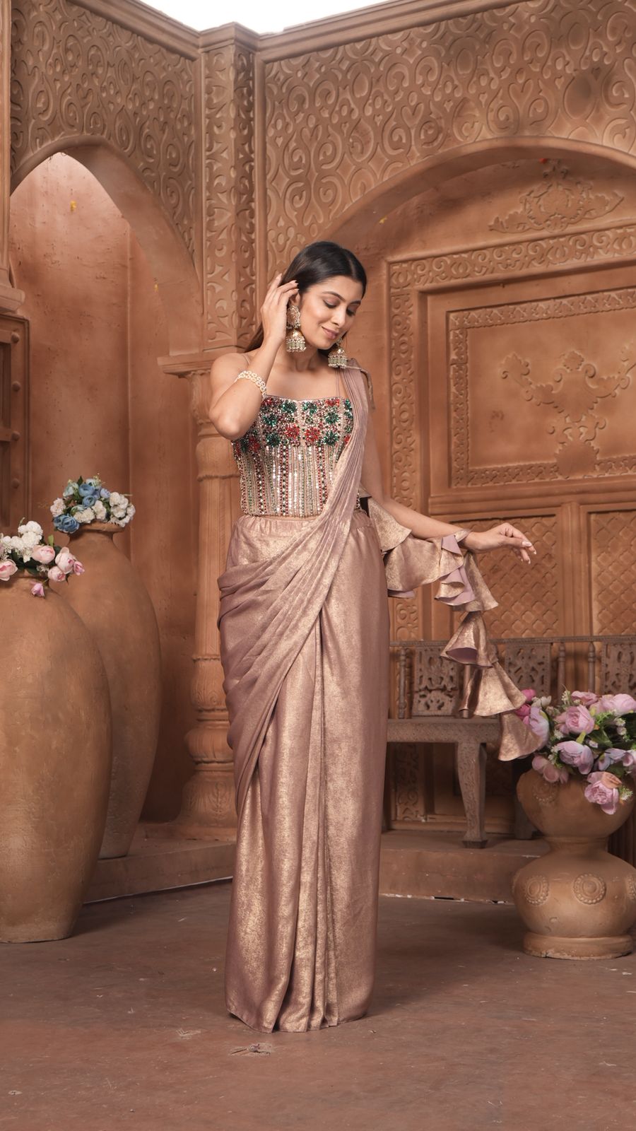 The Rose Gold Shimmer Saree Gown