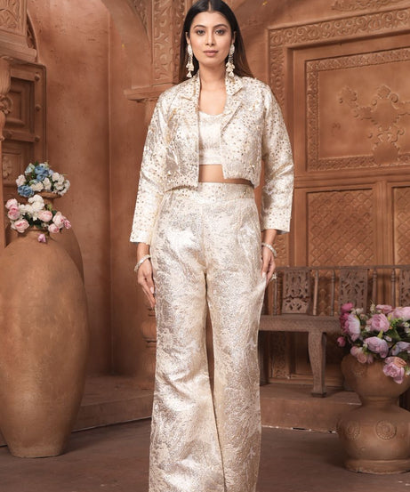 The 'Noor' Brocade Crop Top, Flared Trousers, and Blazer Set