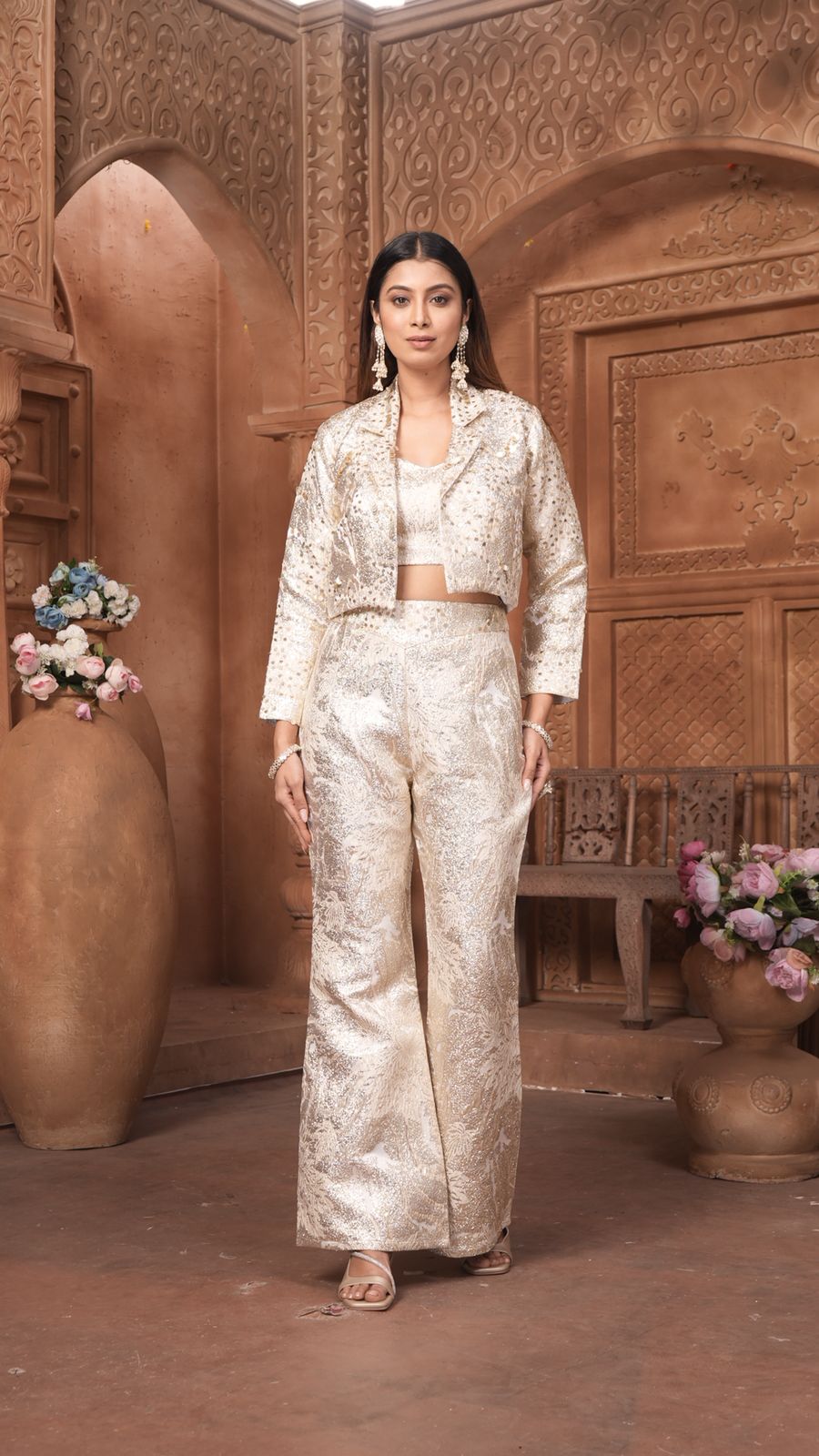 The 'Noor' Brocade Crop Top, Flared Trousers, and Blazer Set