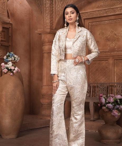 The 'Noor' Brocade Crop Top, Flared Trousers, and Blazer Set