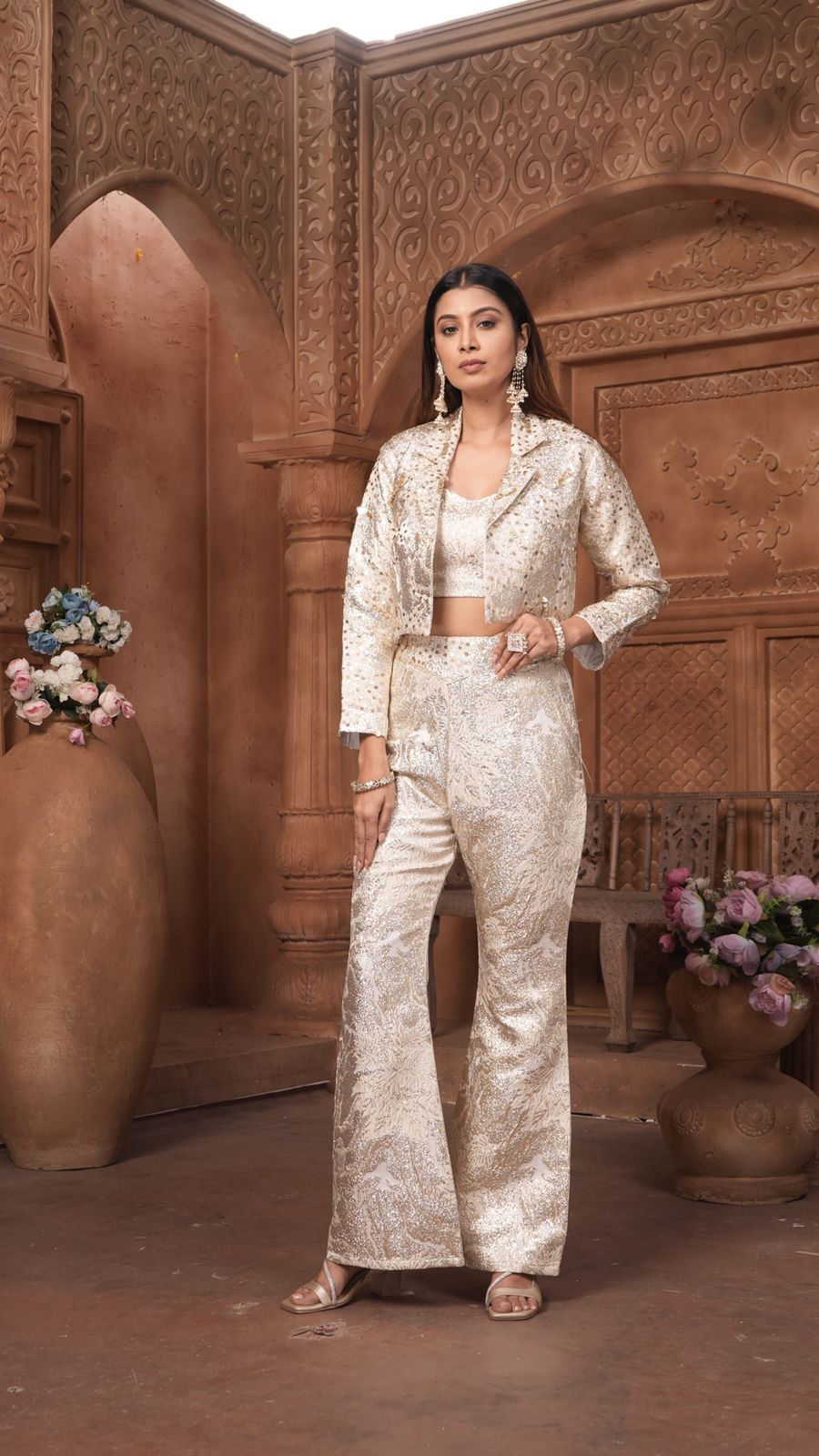 The 'Noor' Brocade Crop Top, Flared Trousers, and Blazer Set