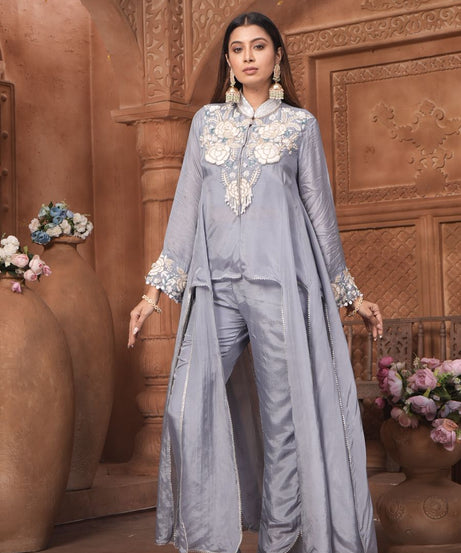 The 'Neelam' Embroidered Silk Co-ord Set with High-Low Overlay