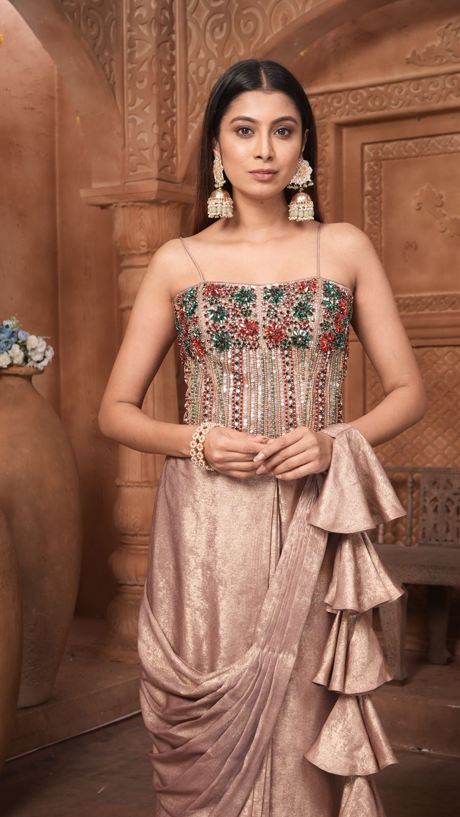 The Rose Gold Shimmer Saree Gown
