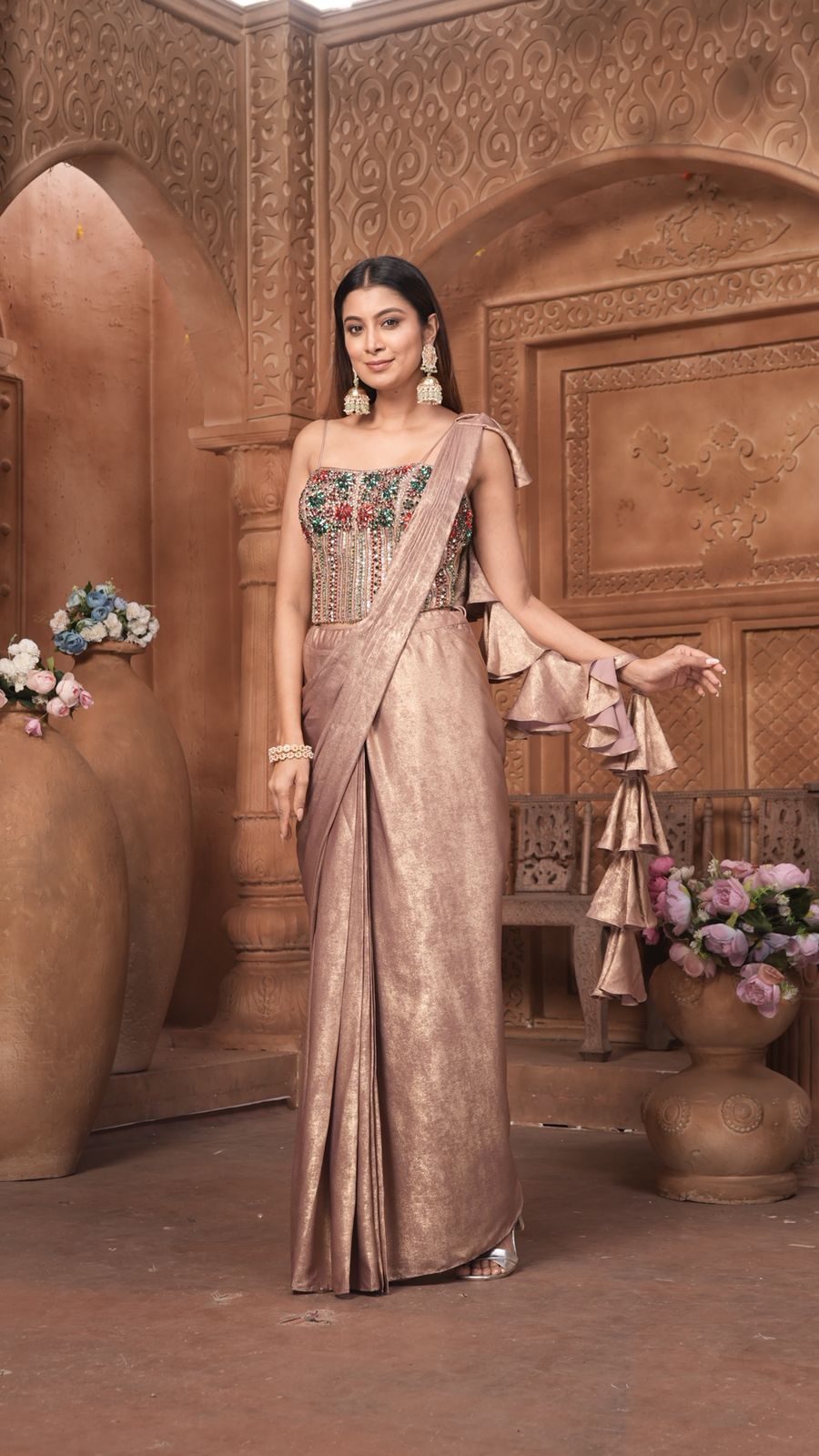 The Rose Gold Shimmer Saree Gown