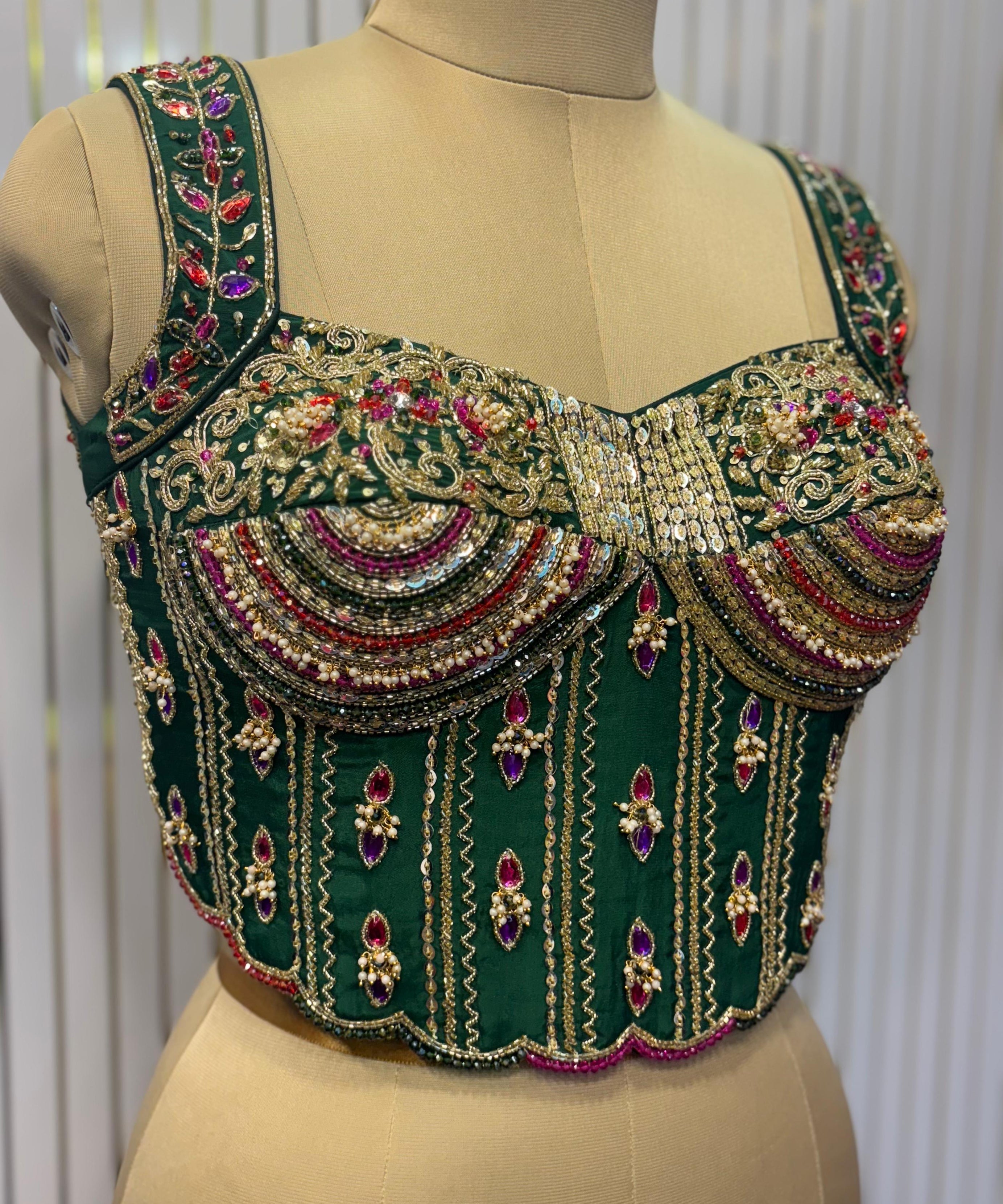 Emerald Empress Hand-Embroidered Bustier Blouse