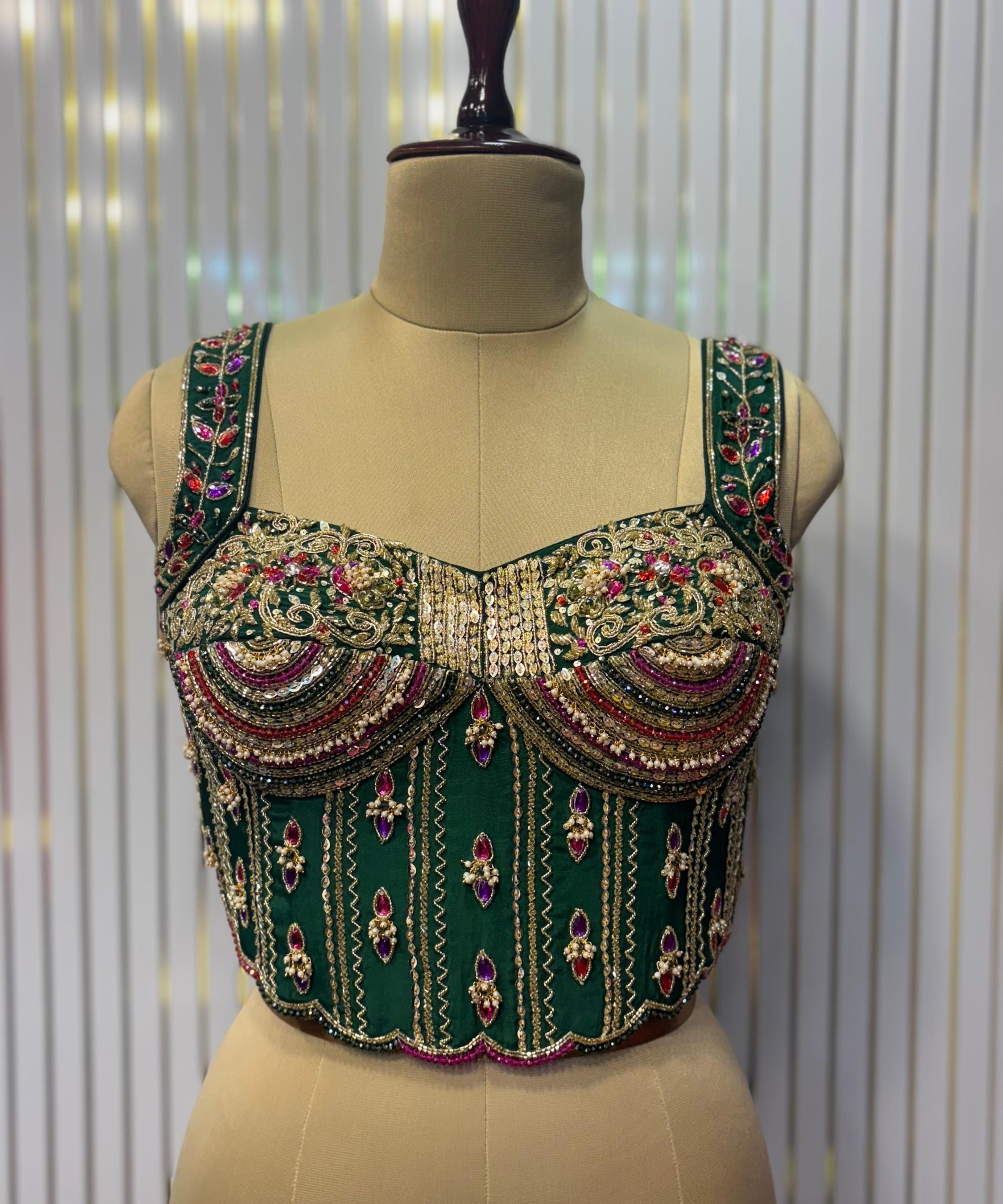 Emerald Empress Hand-Embroidered Bustier Blouse
