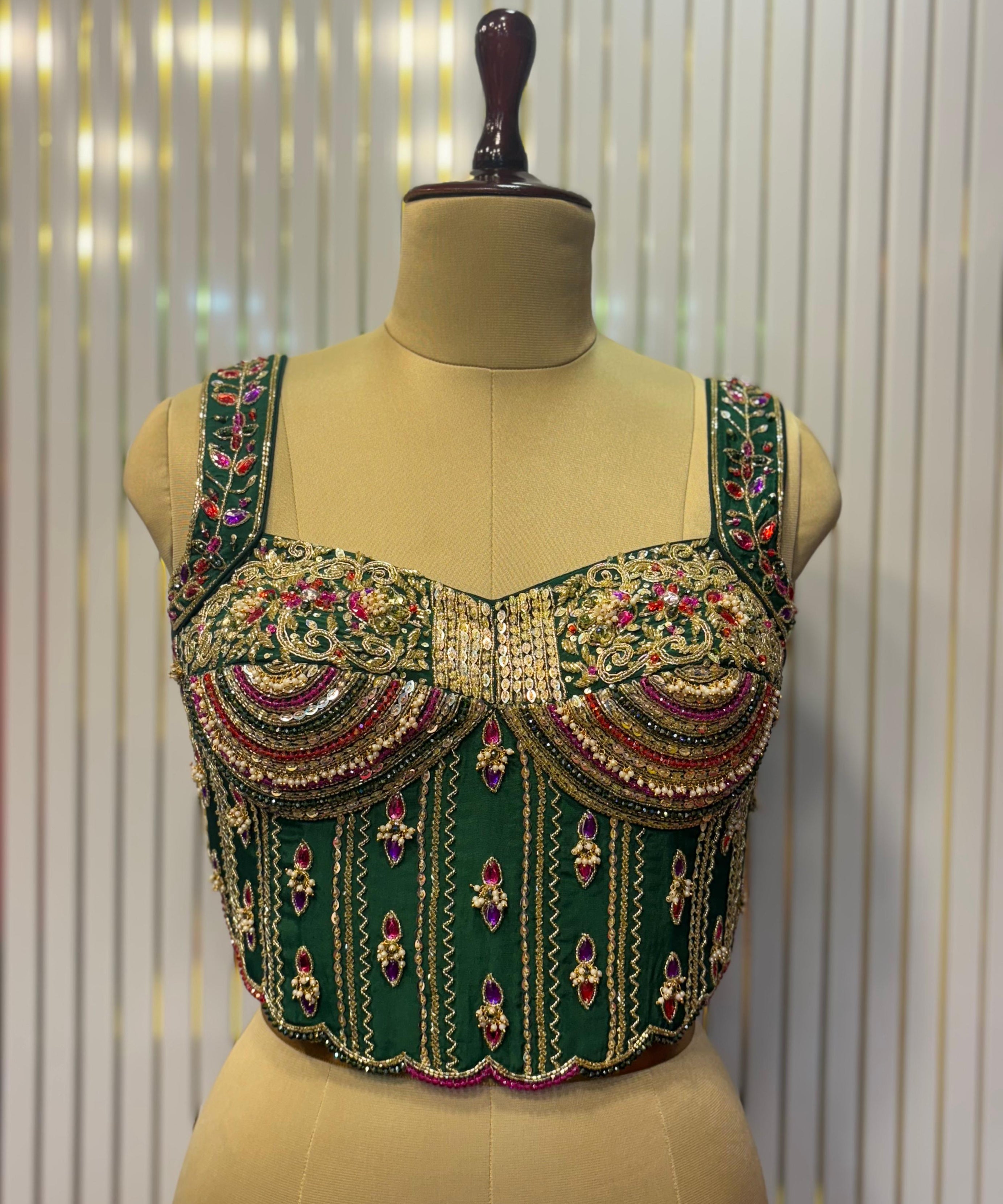 Emerald Empress Hand-Embroidered Bustier Blouse