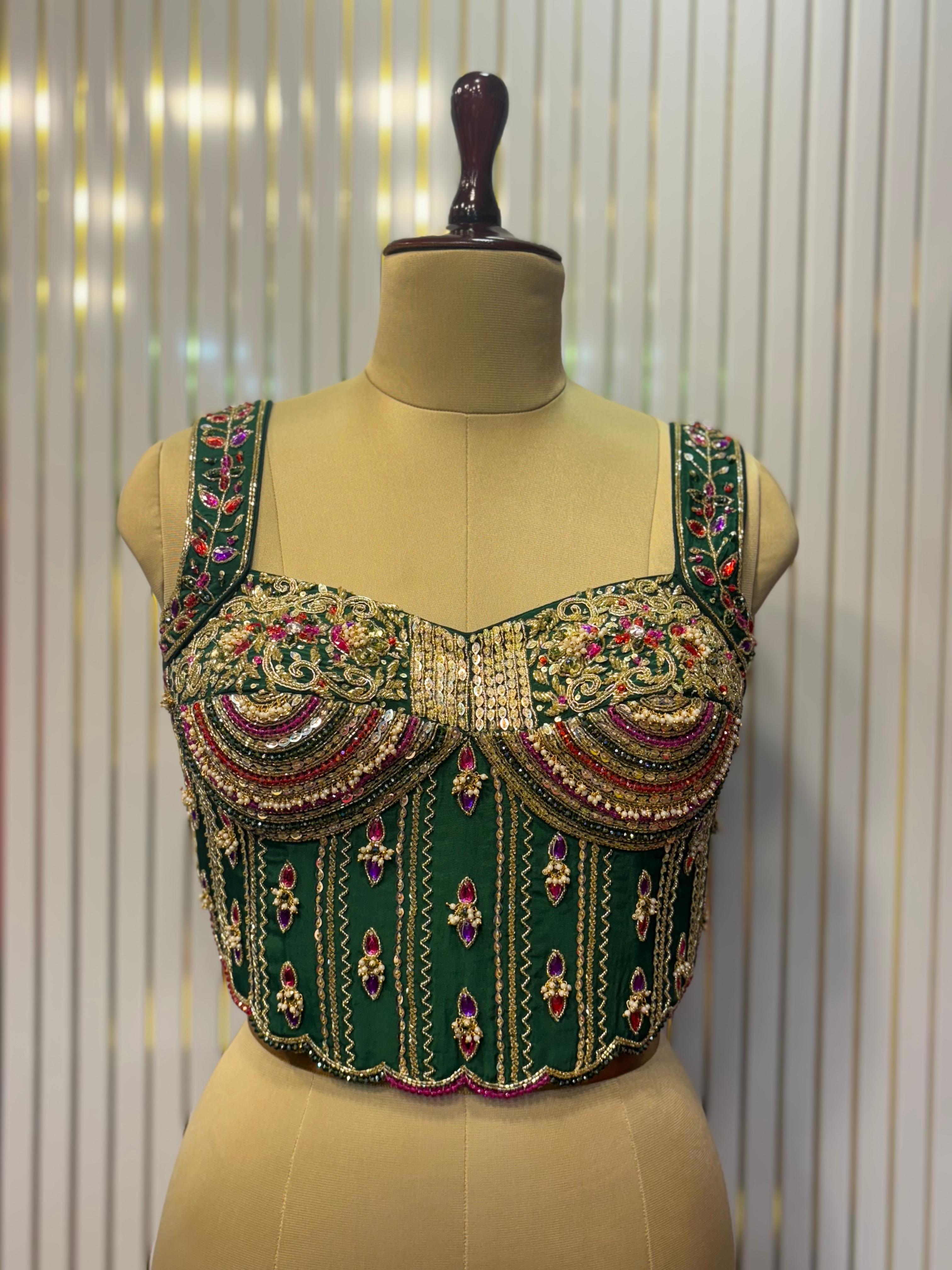 Emerald Empress Hand-Embroidered Bustier Blouse