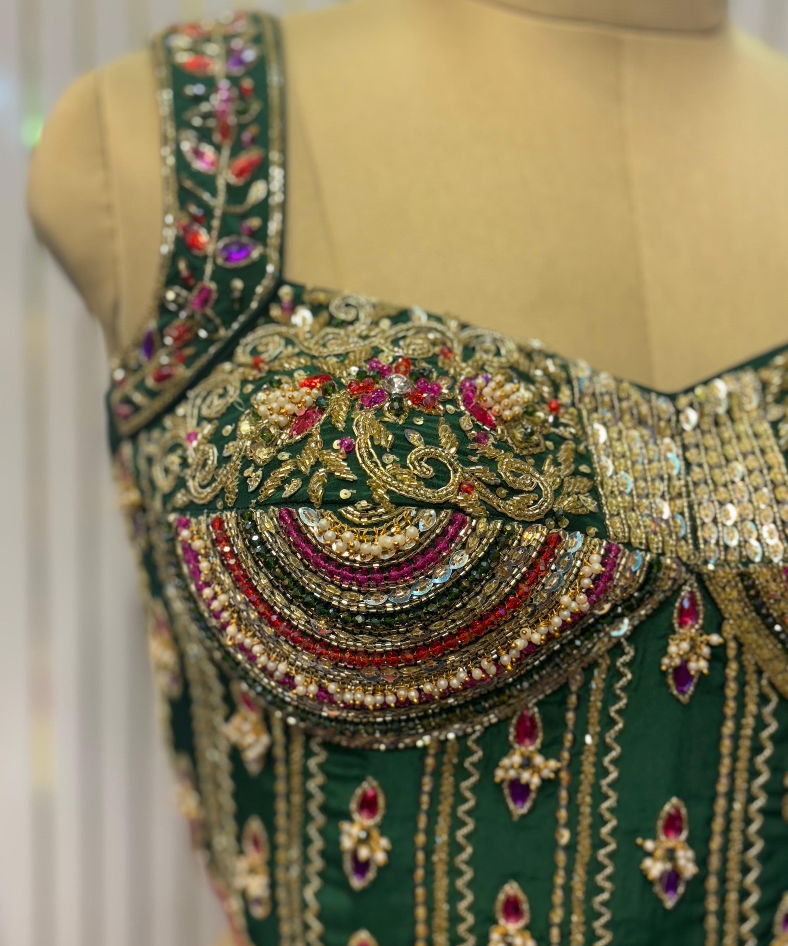 Emerald Empress Hand-Embroidered Bustier Blouse