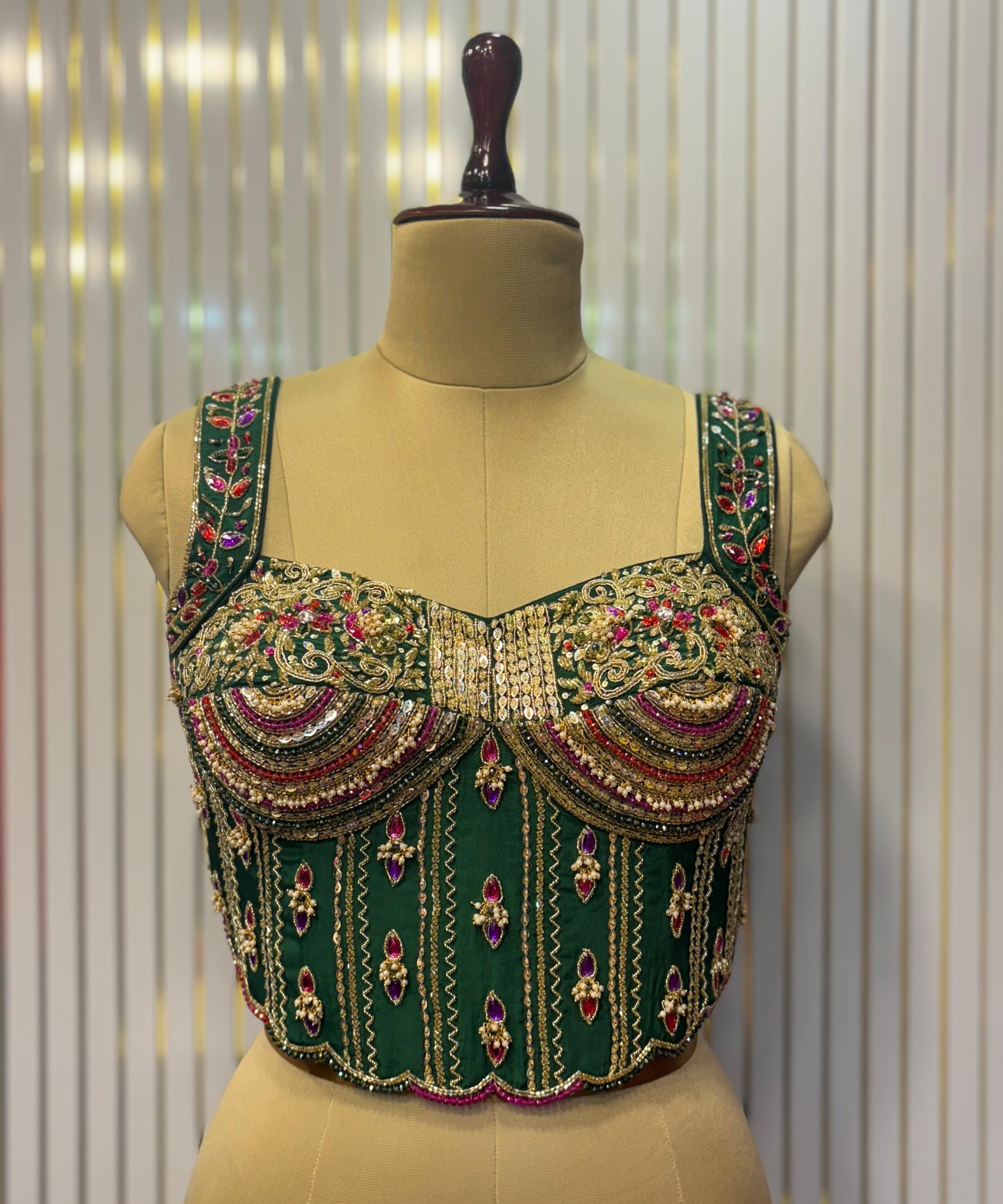 Emerald Empress Hand-Embroidered Bustier Blouse