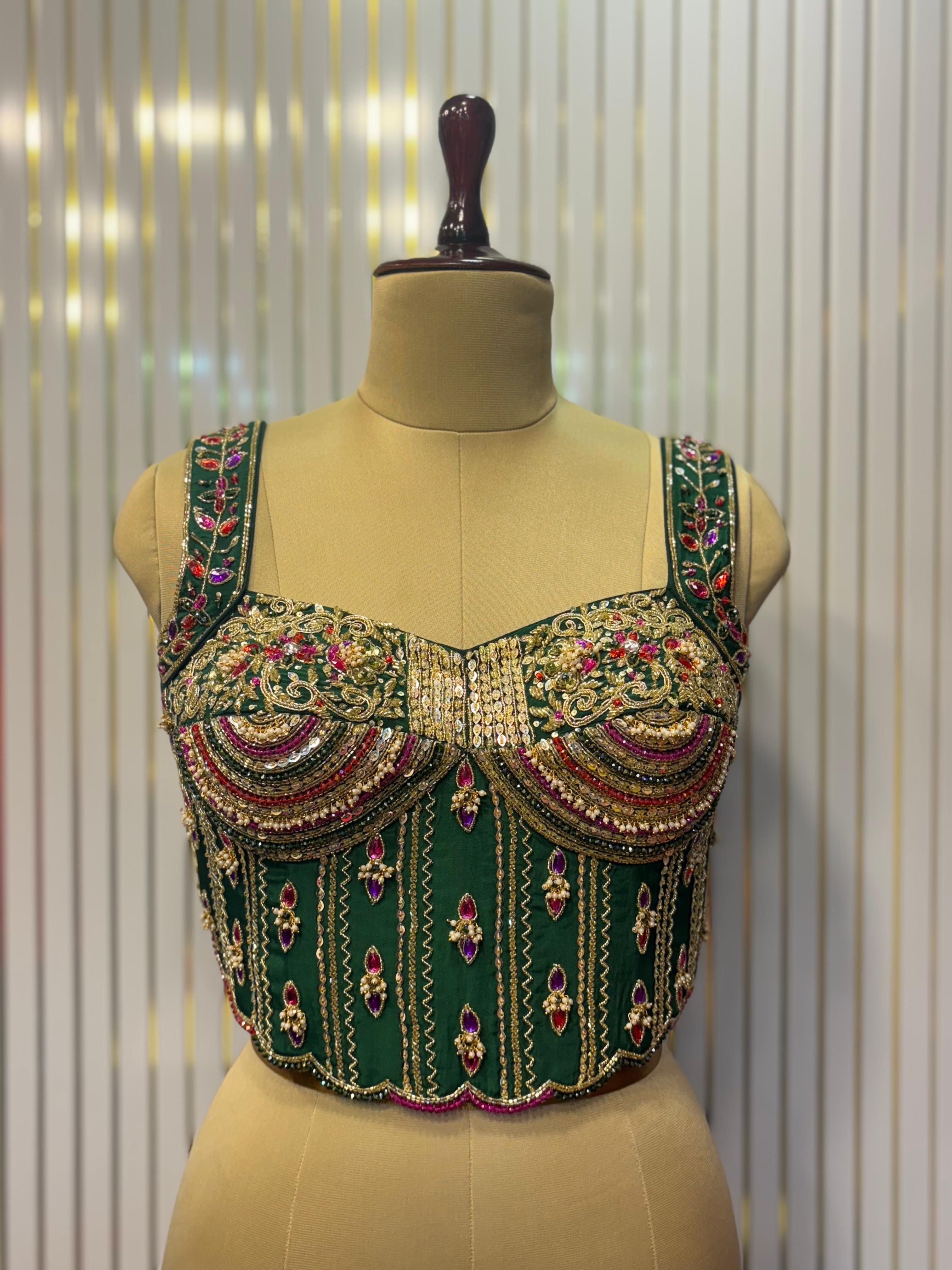 Emerald Empress Hand-Embroidered Bustier Blouse