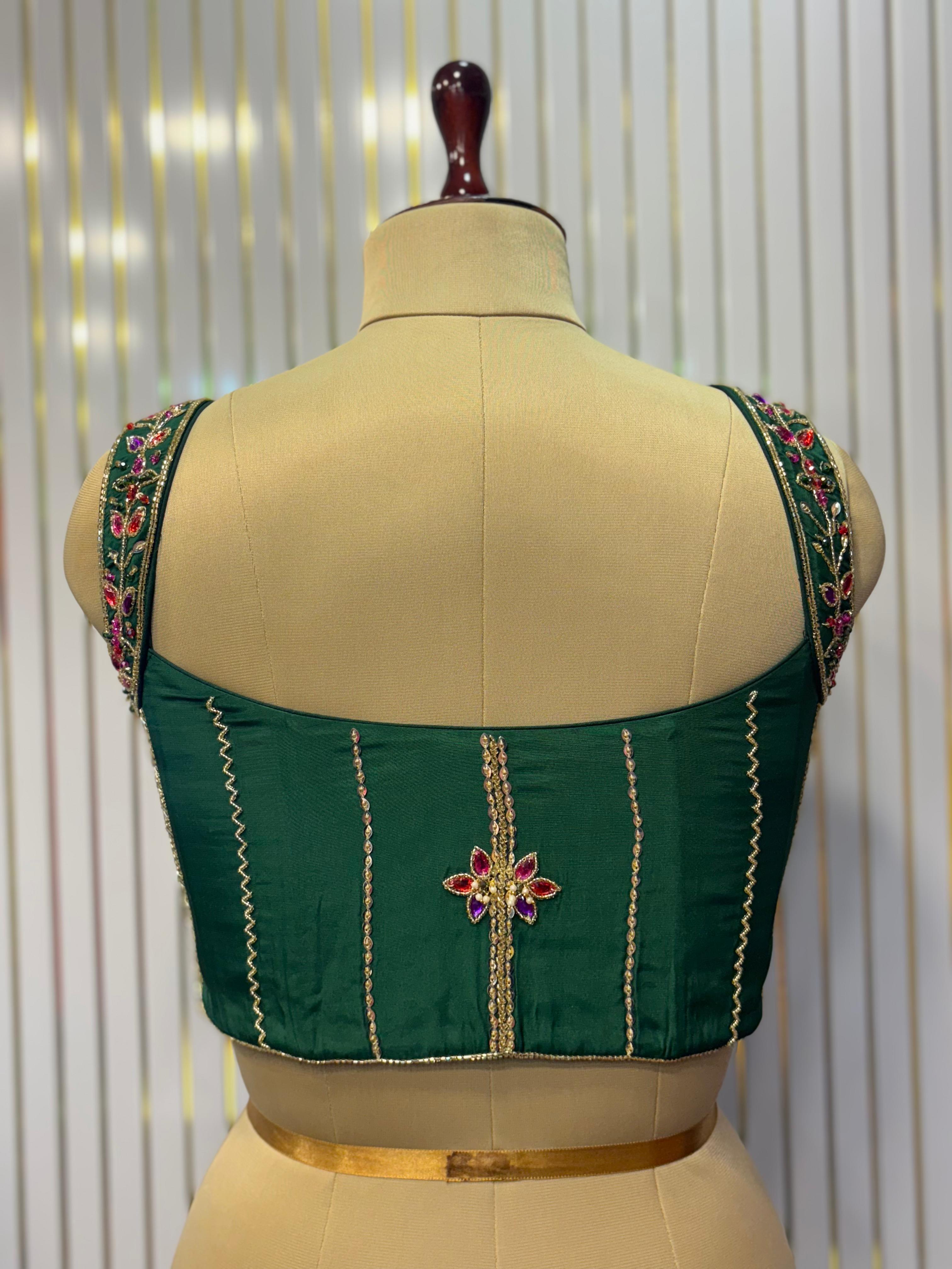 Emerald Empress Hand-Embroidered Bustier Blouse