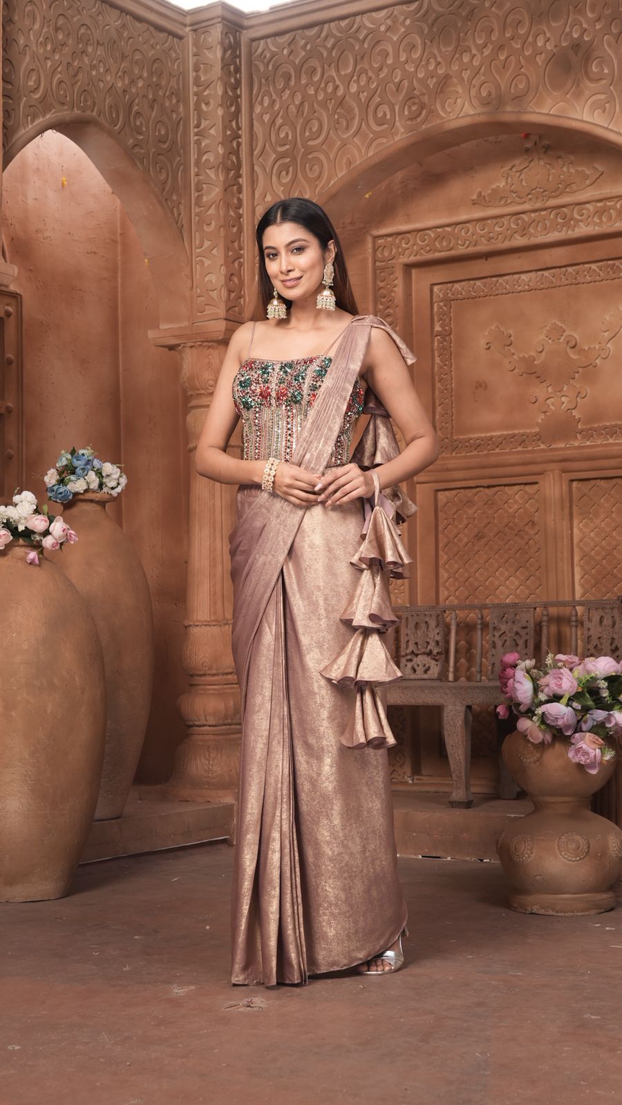 The Rose Gold Shimmer Saree Gown