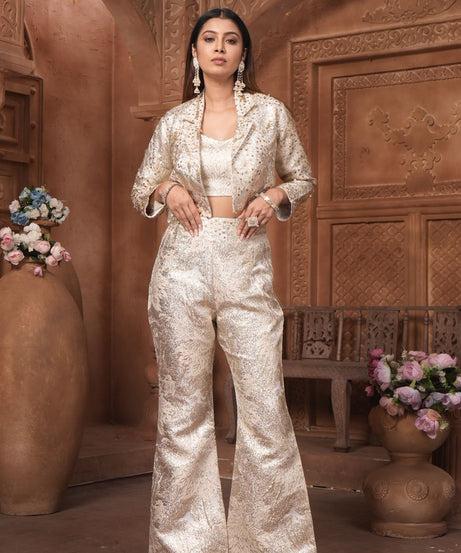 The 'Noor' Brocade Crop Top, Flared Trousers, and Blazer Set