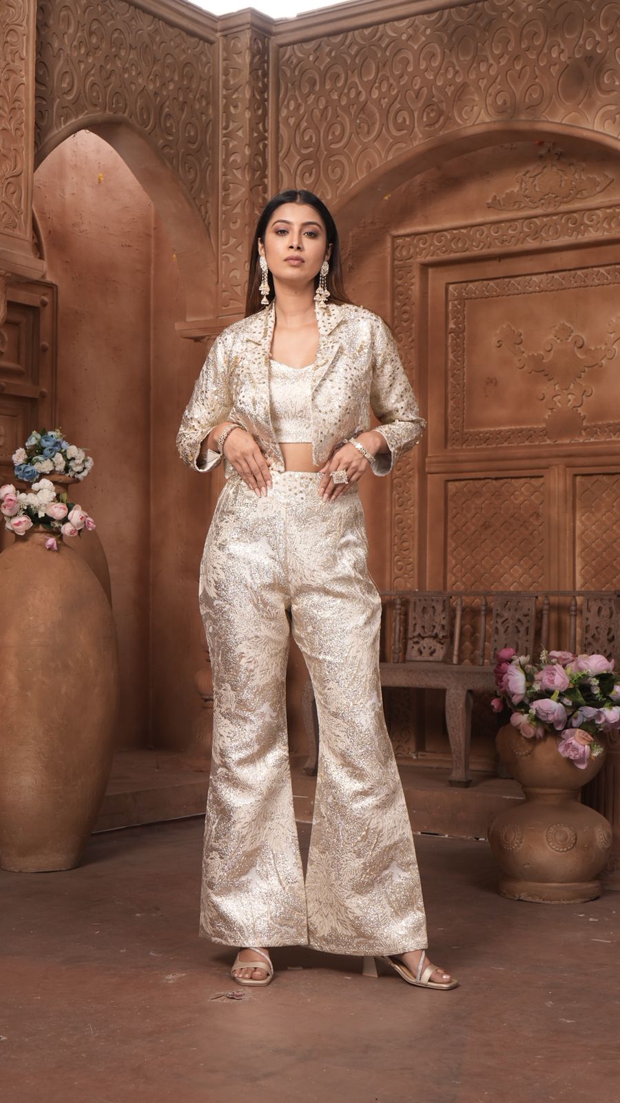 The 'Noor' Brocade Crop Top, Flared Trousers, and Blazer Set