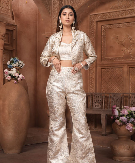 The 'Noor' Brocade Crop Top, Flared Trousers, and Blazer Set