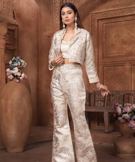 The 'Noor' Brocade Crop Top, Flared Trousers, and Blazer Set