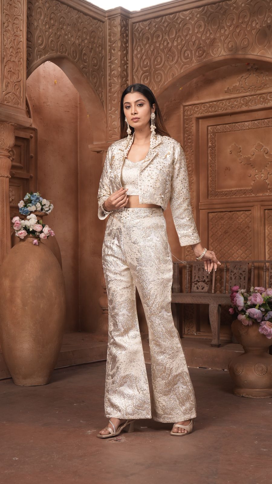 The 'Noor' Brocade Crop Top, Flared Trousers, and Blazer Set