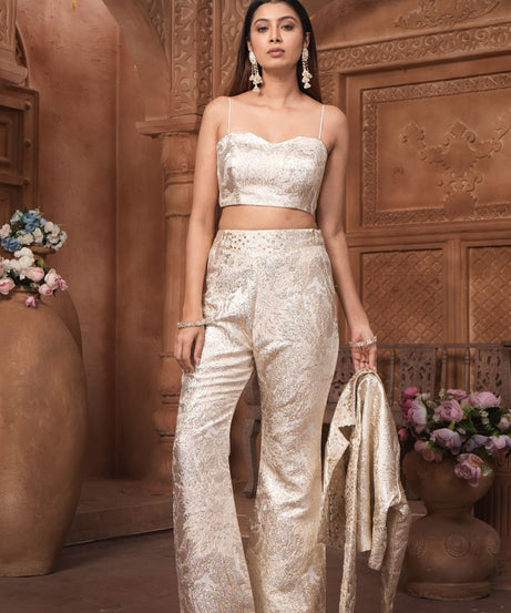 The 'Noor' Brocade Crop Top, Flared Trousers, and Blazer Set