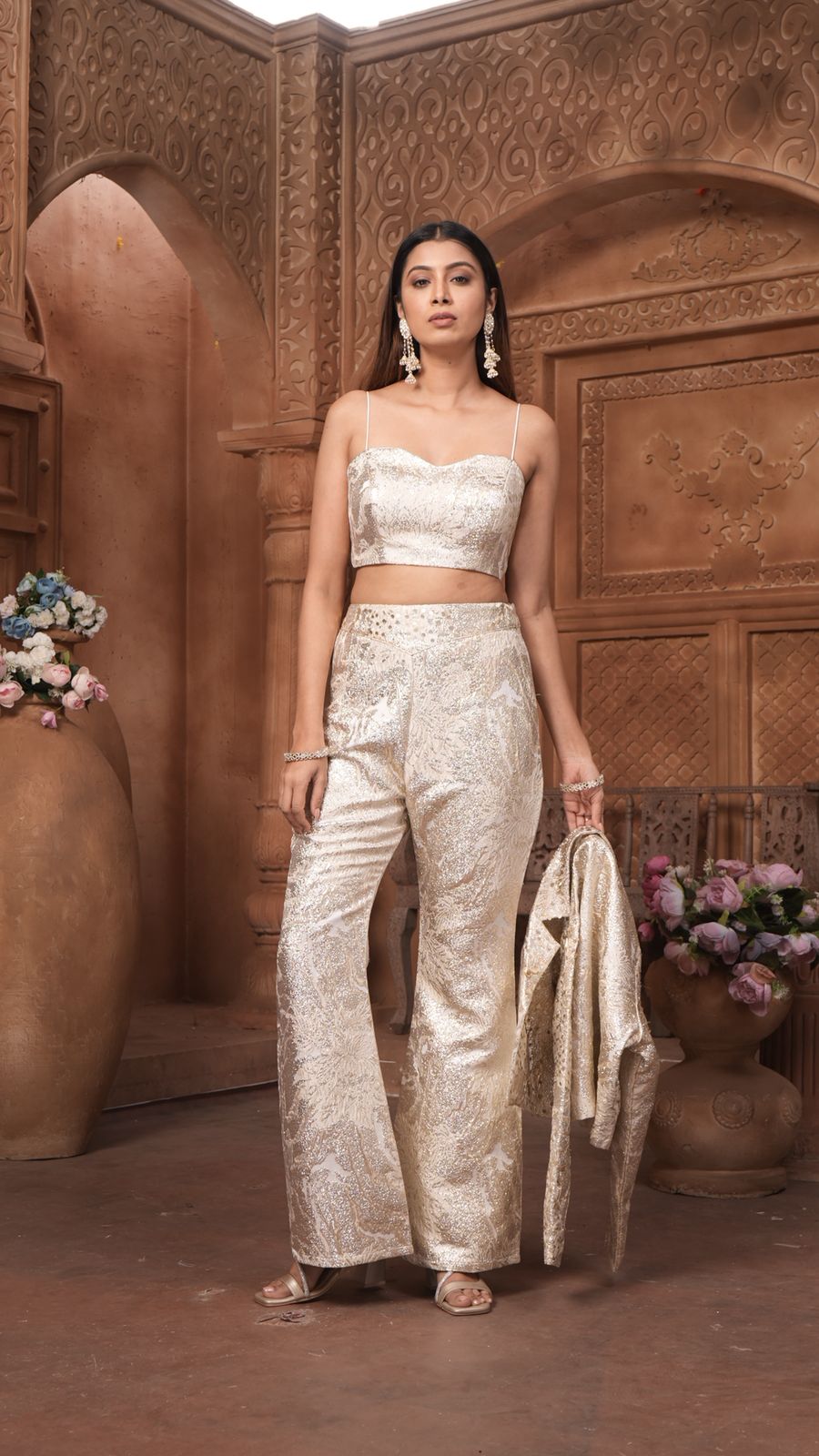 The 'Noor' Brocade Crop Top, Flared Trousers, and Blazer Set