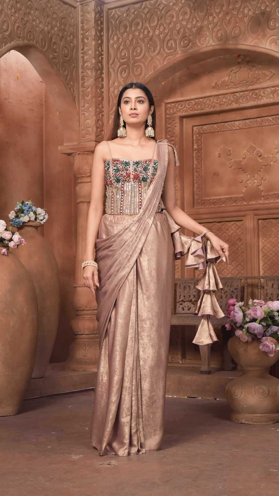 The Rose Gold Shimmer Saree Gown