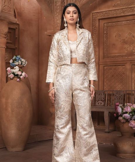 The 'Noor' Brocade Crop Top, Flared Trousers, and Blazer Set