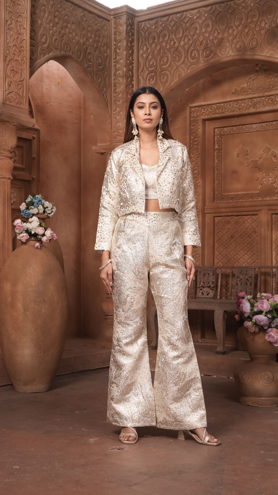 The 'Noor' Brocade Crop Top, Flared Trousers, and Blazer Set